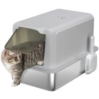 PawHut Bandeja de Arena para Gatos, Recipiente de Acero Inoxidable, Filtro, Pala, para Gatos hasta 6 kg, 40,5 x 60,5 x 41,5 cm, Gris/Plata(m-6)