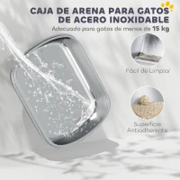 PawHut Arenero para Gatos Cubierto con Bandeja de Acero Inoxidable Bordes Altos Pala Peldaño y Zona para Caída de Arena Gris(m-4)