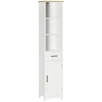 kleankin Armario de Baño con 1 Cajón 1 Puerta 3 Estantes Columna de Baño Mueble Auxiliar para Aseo 34x30x163 cm Blanco