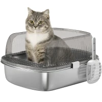 PawHut Lettiera per Gatti Coperta Chiusa con Vassoio in Acciaio Inox Pareti Alte Paletta e Area per Caduta di Sabbia Grigio(m-1)