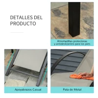 Outsunny Set de 2 Tumbonas Jardín Exterior con Mesa Auxiliar de Vidrio Templado Tumbonas con Reposabrazos para Patio Terraza Gris(m-5)