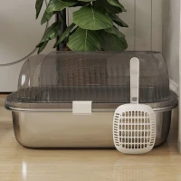 PawHut Lettiera per Gatti Coperta Chiusa con Vassoio in Acciaio Inox Pareti Alte Paletta e Area per Caduta di Sabbia Grigio(m-4)