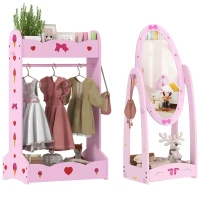 AIYAPLAY Kids Clothes Rail, Kids Dressing Mirror with 360° Rotating, 2 Piece Kids Furniture Set with Storage Shelves, Pink(m-10)