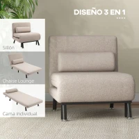 HOMCOM Sofá Cama Individual Plegable con Respaldo Ajustable de 5 Niveles Cojín y Tapizado de Lino Sintético 75x70x75 cm Beige(m-4)