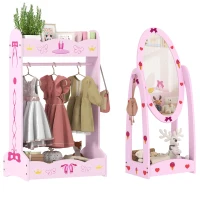 AIYAPLAY Kids Clothes Rail, Kids Dressing Mirror with 360° Rotating, 2 Piece Kids Furniture Set with Storage Shelves, Pink(m-10)