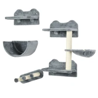 PawHut Kletterwand-Set für Katzen, Hängematte, Kratzbrett, Sprungplattformen, Plüsch, Sisal, Grau(m-12)