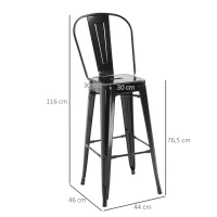 HOMCOM Lot de 4 tabourets de Bar Empilable Chaise de Bar Industriel avec Dossier Repose-Pied Hauteur d'Assise 76 cm métal Noir(m-3)