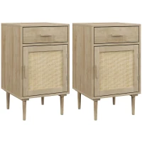Lot de 2 tables de chevet avec placard et étagère porte rotin tissé 1 tiroir design bohème - 40 x 40 x 68,5 cm naturel(m-12)