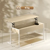 HOMCOM Table Basse Relevable avec Fermeture Douce Espace Caché de Rangement et Étagère Ouverte 95x40x59 cm Naturel et Blanc(m-3)