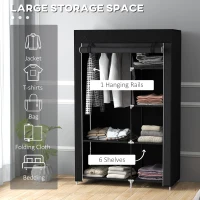 HOMCOM Fabric Wardrobe, Portable Wardrobe with 6 Shelves, 1 Hanging Rail, Foldable Closets, 103 x 43 x 162.5 cm, Black(m-4)