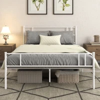 HOMCOM Double Metal Bed Frame Solid Bedstead Base with Headboard and Footboard, Metal Slat Support and Underbed Storage Space, Bedroom Furniture, White(m-10)