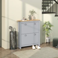HOMCOM 2 Drawer Shoe Cabinet Modern Narrow Shoe Cupboard Hallway Wooden Storage Organiser with Flip Doors Adjustable Shelf for 6-12 Pairs, Grey(m-2)