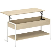 HOMCOM Table Basse Relevable avec Fermeture Douce Espace Caché de Rangement et Étagère Ouverte 95x40x59 cm Naturel et Blanc(m-7)