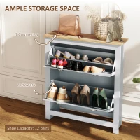 HOMCOM 2 Drawer Shoe Cabinet Modern Narrow Shoe Cupboard Hallway Wooden Storage Organiser with Flip Doors Adjustable Shelf for 6-12 Pairs, Grey(m-4)