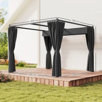 Outsunny 3 x 3(m) Retractable Pergola, Garden Gazebo Shelter with Curtains, for Grill, Patio, Deck, Charcoal Grey(m-2)