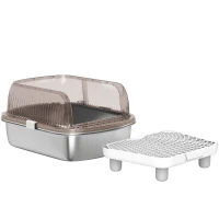 PawHut Arenero para Gatos Cubierto con Bandeja de Acero Inoxidable Bordes Altos Pala Peldaño y Zona para Caída de Arena Gris(m-11)