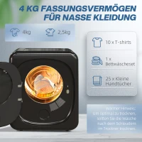 HOMCOM Suszarka do ubrań z dezynfekcją UV, kompaktowa, 4 kg pojemności, stal nierdzewna, czarna(m-5)
