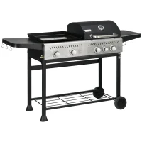 Outsunny 12kW Deluxe Duo Gas BBQ, with Grill, Plancha and Side Burner - Black(m-1)