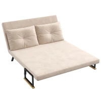 HOMCOM Sleeper Sofa 2-Seater Sofa Velvet Sofa, Sleeper Function, incl. 2 Pillows, Velvety Look, Natural + Beige + Black(m-11)
