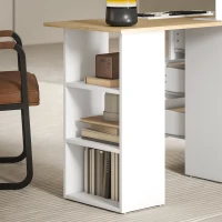 HOMCOM Computer Desk, Writing Table, PC Workstation with 3 Storage Shelves and Drawers, Silver Handle, for Home Office, Natural Wood Finish and White(m-8)