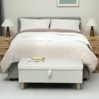 HOMCOM Banc Pouf de Rangement, Pieds en Bois, Revêtement en Tissu Doux, Blanc Crème(m-2)