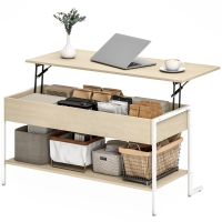 HOMCOM Table Basse Relevable avec Fermeture Douce Espace Caché de Rangement et Étagère Ouverte 95x40x59 cm Naturel et Blanc