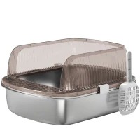 PawHut Arenero para Gatos Cubierto Cerrado con Bandeja de Acero Inoxidable Bordes Altos Pala y Zona para Caída de Arena Gris(m-1)