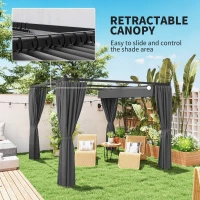 Outsunny 3 x 3(m) Retractable Pergola, Garden Gazebo Shelter with Curtains, for Grill, Patio, Deck, Charcoal Grey(m-4)