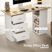 HOMCOM Computer Desk, Writing Table, PC Workstation with 3 Storage Shelves and Drawers, Silver Handle, for Home Office, Natural Wood Finish and White(m-4)