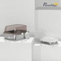 PawHut Arenero para Gatos Cubierto con Bandeja de Acero Inoxidable Bordes Altos Pala Peldaño y Zona para Caída de Arena Gris(m-3)