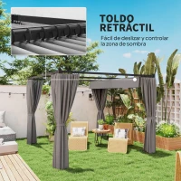 Outsunny Cenador para Exterior 3x3 m con Paredes Laterales y Techo Retráctil Marco Metálico Impermeable para Terraza Gris(m-4)