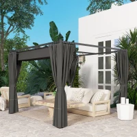 Outsunny 3 x 3(m) Retractable Pergola, Garden Gazebo Shelter with Curtains, for Grill, Patio, Deck, Charcoal Grey(m-9)
