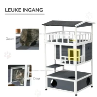 PawHut Kattenhuis voor buiten 4 Verdiepingen Met Balkon Asfaltdak Hout voor Dierenliefhebbers Grijs(m-5)