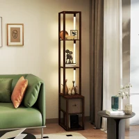 HOMCOM Floor Lamp with Shelves, LED Column Modern Standing Lamp with Fabric Drawer, Adjustable Brightness, Foot Switch for Living Room, Bedroom, Office, Dark Brown(m-7)