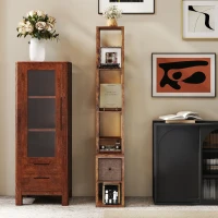 HOMCOM Floor Lamp with Shelves, LED Column Modern Standing Lamp with Fabric Drawer, Adjustable Brightness, Foot Switch for Living Room, Bedroom, Office, Rustic Brown(m-9)