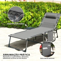 Outsunny Espreguiçadeira Dobrável Espreguiçadeira Jardim com Encosto Ajustável Apoio de Cabeça Bolsa Lateral Bandeja 190x60x31 cm Cinza(m-6)