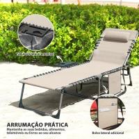 Outsunny Espreguiçadeira Dobrável Espreguiçadeira Jardim com Encosto Ajustável Apoio de Cabeça Bolsa Lateral Bandeja 190x60x31 cm Creme(m-6)