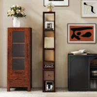 HOMCOM Floor Lamp with Shelves, LED Column Modern Standing Lamp with Fabric Drawer, Adjustable Brightness, Foot Switch for Living Room, Bedroom, Office, Dark Brown(m-9)