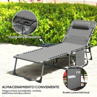 Outsunny Tumbona Plegable con Respaldo Ajustable Reposacabezas Bolsillo Lateral Bandeja y Estructura de Acero 190x60x31 cm Gris(m-6)