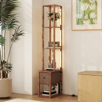 HOMCOM Floor Lamp with Shelves, LED Column Modern Standing Lamp with Fabric Drawer, Adjustable Brightness, Foot Switch for Living Room, Bedroom, Office, Rustic Brown(m-8)