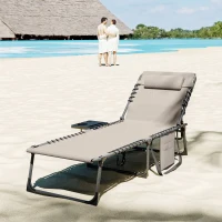 Outsunny Tumbona Plegable con Respaldo Ajustable Reposacabezas Bolsillo Lateral Bandeja y Estructura de Acero 190x60x31 cm Crema(m-8)
