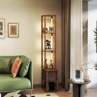 HOMCOM Floor Lamp with Shelves, LED Column Modern Standing Lamp with Fabric Drawer, Adjustable Brightness, Foot Switch for Living Room, Bedroom, Office, Rustic Brown(m-7)