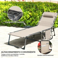 Outsunny Tumbona Plegable con Respaldo Ajustable Reposacabezas Bolsillo Lateral Bandeja y Estructura de Acero 190x60x31 cm Crema(m-6)