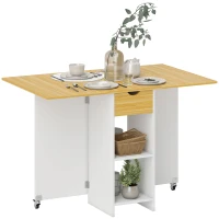 HOMCOM Masă Pliabilă, Masă Rabatabilă pentru 2-4 Persoane cu Sertar, 2 Rafturi și 2 Roți, 114,5x70x75 cm, Stejar(m-10)
