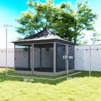 Outsunny Gazebo da Giardino ad Altezza Regolabile con Zanzariera, in Poliestere e Metallo, 357x357x310 cm, Grigio Scuro(m-3)