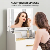 HOMCOM 3-in-1-Schminktisch mit Spiegel, Nachttisch, Rollhocker, Schubladen, Weiß(m-4)