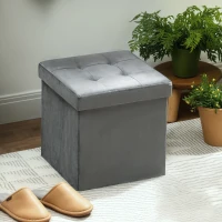 HOMCOM Foldable Velvet-Feel Storage Ottoman - Grey(m-7)
