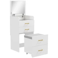 HOMCOM Coiffeuse 3-en-1 avec miroir, table de nuit, tabouret à roulettes, tiroirs, Blanc(m-7)