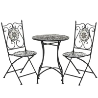 Outsunny 3 Pcs Mosaic Tile Garden Bistro Set Outdoor Seating w/ Table 2 Folding Chairs Set Metal Frame Elegant Scrolling Indoor Patio Balcony(m-1)