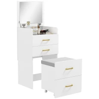 HOMCOM Coiffeuse 3-en-1 avec miroir, table de nuit, tabouret à roulettes, tiroirs, Blanc(m-6)